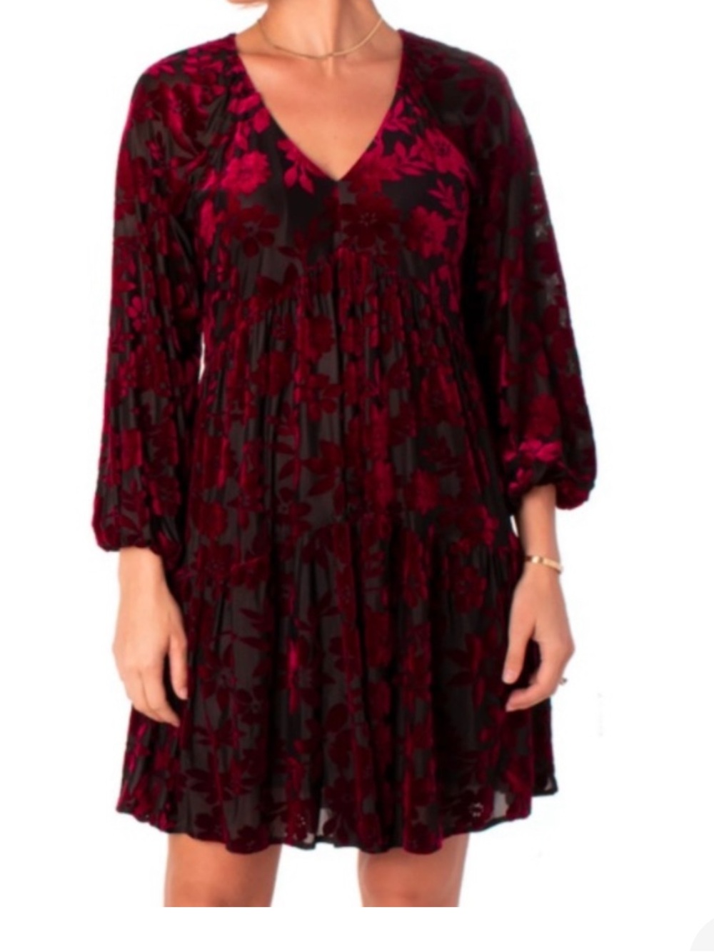 Taylor Burgundy Floral V-Neck Babydoll Mini Dress